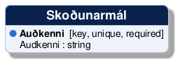@startuml
!include /build/docs/_plantuml_styles/concept_properties.iuml

class "Skoðunarmál" {
  <color:$BULLET_COLOR>$BULLET_CHAR</color> **Auðkenni**  [key, unique, required]
  <color:transparent>$BULLET_CHAR</color> Audkenni : string 
}
@enduml
