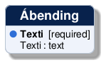 @startuml
!include /build/docs/_plantuml_styles/concept_properties.iuml

class "Ábending" {
  <color:$BULLET_COLOR>$BULLET_CHAR</color> **Texti**  [required]
  <color:transparent>$BULLET_CHAR</color> Texti : text 
}
@enduml